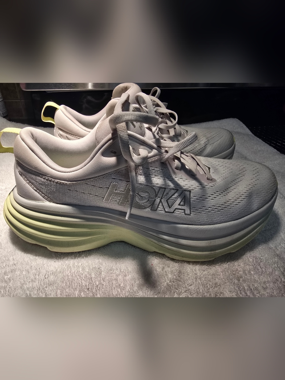 Hoka Women's Bondi 8 Sneakers in White and Pale Yellow Size 9